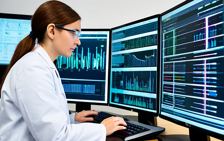 A focused professional female bioinformatician, fully clothed in a modest lab coat over professional attire, working diligently at a high-tech workstation in a pristine, modern bioinformatics laboratory. Large computer screens display intricate genetic sequences, complex protein structures, and abstract data visualizations. The background features subtle glowing data streams and clean, organized lab equipment. She has perfect anatomy, correct proportions, and a natural pose, with well-formed hands and proper finger count. Professional photography, high quality, vibrant colors, clear focus, safe for work, appropriate content, professional, family-friendly.