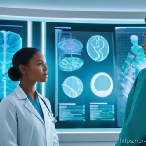 포스트게놈 시대 연구 방향 - **Prompt:** "A futuristic medical clinic bathed in soft, ambient light. A diverse group of healthcar...