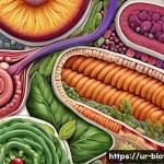 장내 미생물과 건강 - A detailed and vibrant illustration of the human digestive system focusing on the gut microbiome, sh...