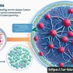 Home 21 암세포 전이 억제 기술 - A detailed scientific illustration showing cancer cells in the bloodstream, with experimental drugs ...