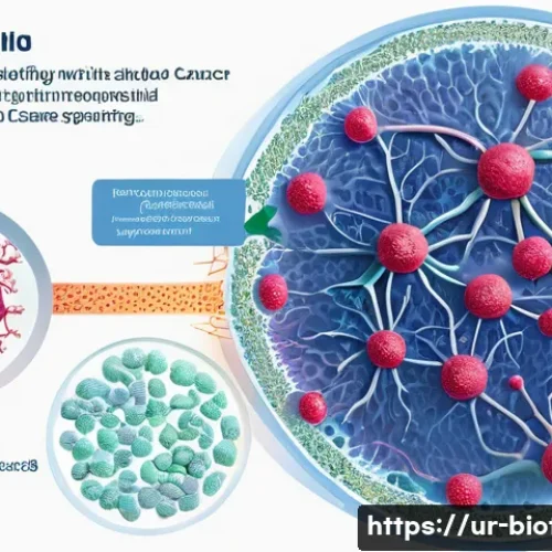 Home 33 암세포 전이 억제 기술 - A detailed scientific illustration showing cancer cells in the bloodstream, with experimental drugs ...