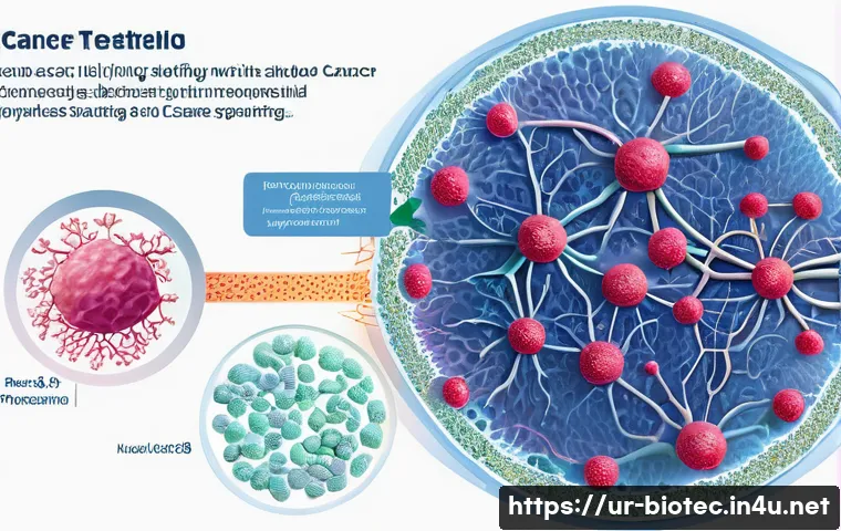 암세포 전이 억제 기술 - A detailed scientific illustration showing cancer cells in the bloodstream, with experimental drugs ...