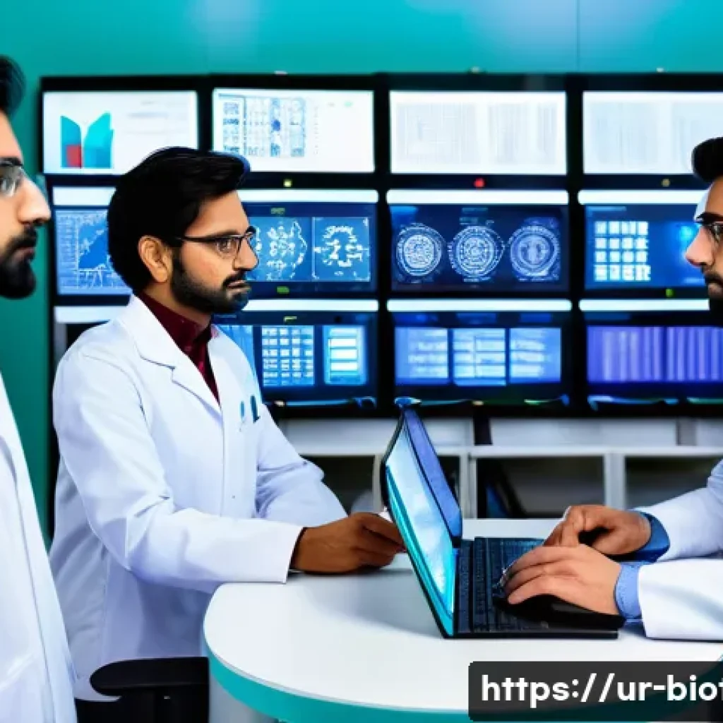 오믹스 기술 활용 - A detailed scientific laboratory scene showing a diverse team of Pakistani researchers wearing lab c...
