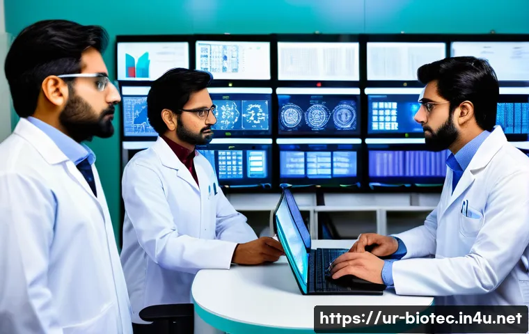 오믹스 기술 활용 - A detailed scientific laboratory scene showing a diverse team of Pakistani researchers wearing lab c...
