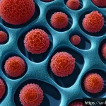 Home 18 나노의약품과 전달 시스템 - A detailed scientific illustration showing nanoparticles at a nanoscale size (1 to 100 nanometers) t...