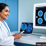 Home 23 맞춤형 의료 기술 - A modern digital skin scanning session in a clinical setting, featuring a middle-aged South Asian wo...