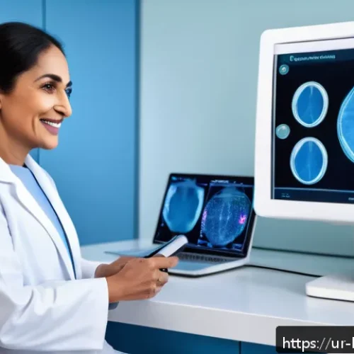 Home 17 맞춤형 의료 기술 - A modern digital skin scanning session in a clinical setting, featuring a middle-aged South Asian wo...