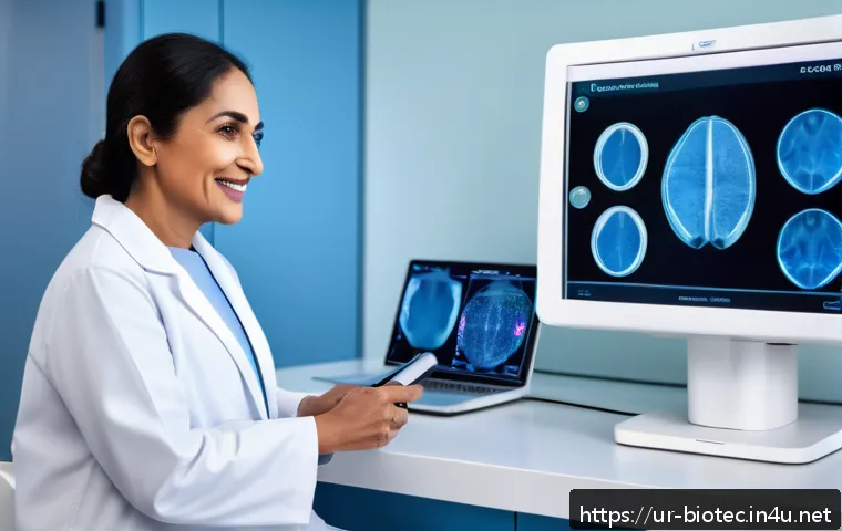 맞춤형 의료 기술 - A modern digital skin scanning session in a clinical setting, featuring a middle-aged South Asian wo...